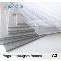 A3 Clear Bags (FLAPSIDE) + 1400gsm Boards - 100 pack