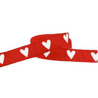 Red Ribbon + White Heart (cotton) Ribbon - 1 metre
